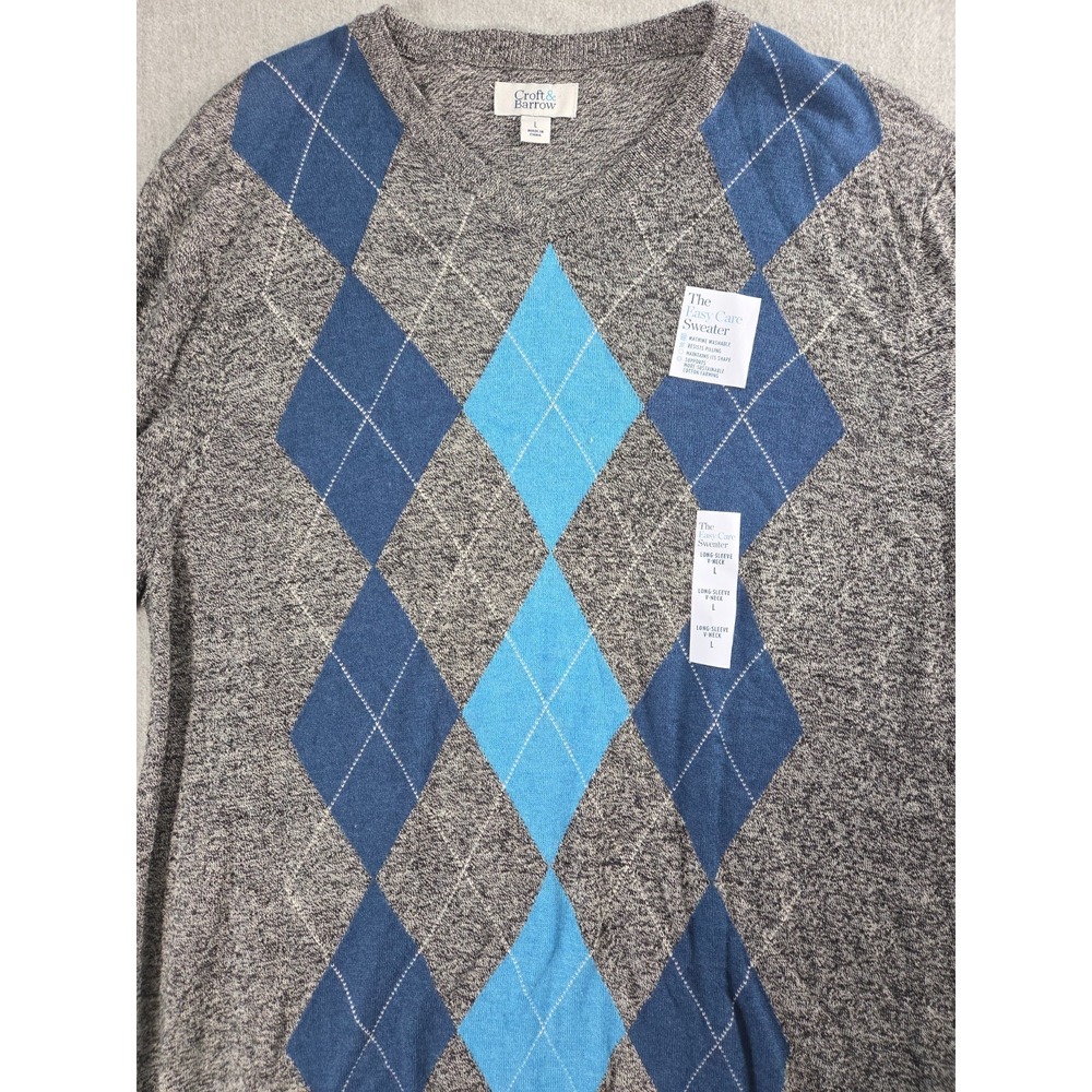 Croft & Barrow Easy Care Sweater Mens L Argyle Pullover V Neck Preppy Career NEW - Picture 2 of 10